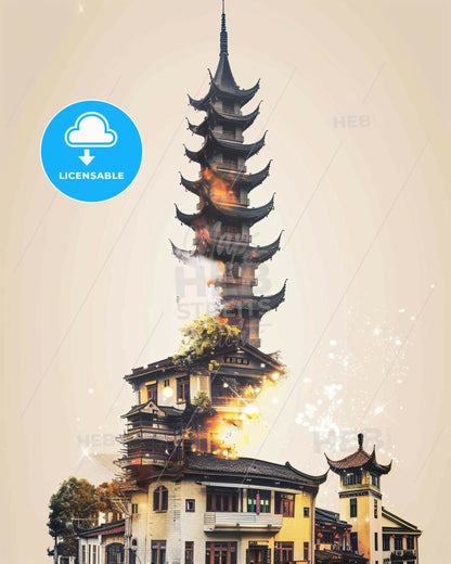 Suqian City Scape Double Exposure Art Skyline - A building with a tall tower