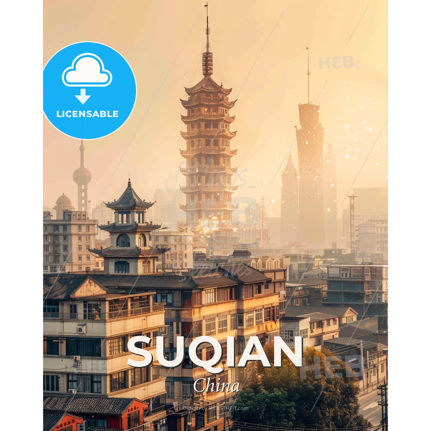 Suqian City Skyline Double Exposure Art - A tall tower in a city - Square format print template