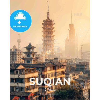 Suqian City Skyline Double Exposure Art - A tall tower in a city - Square format print template