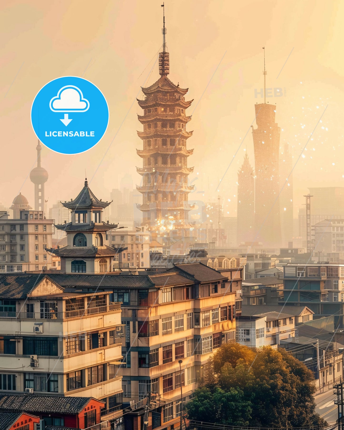 Suqian City Skyline Double Exposure Art - A tall tower in a city