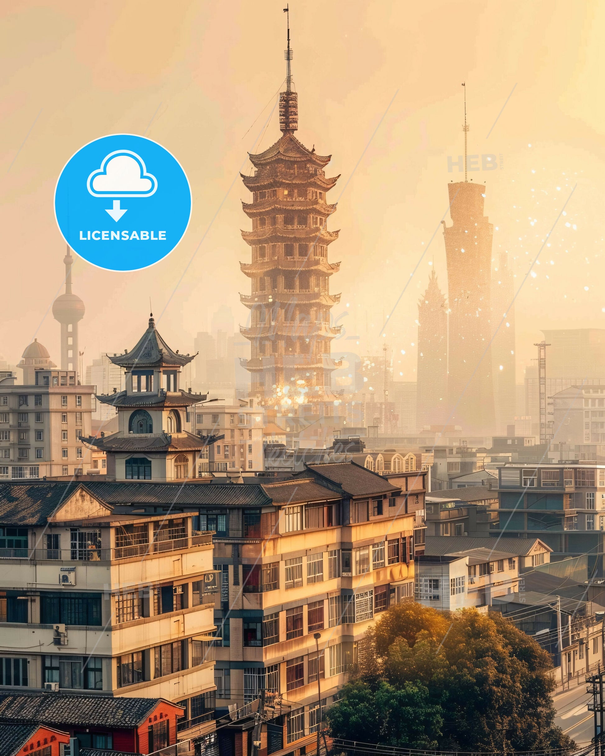 Suqian City Skyline Double Exposure Art - A tall tower in a city