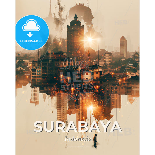 Surabaya Skyline Cityscape Art Print - A city with a large building reflected in water - Square format print template