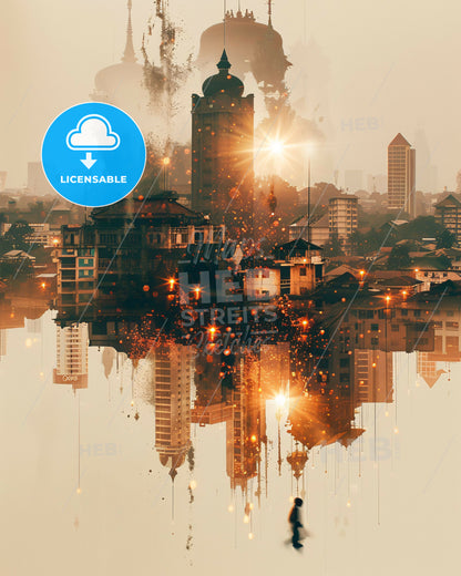 Surabaya Skyline Cityscape Art Print - A city with a large building reflected in water