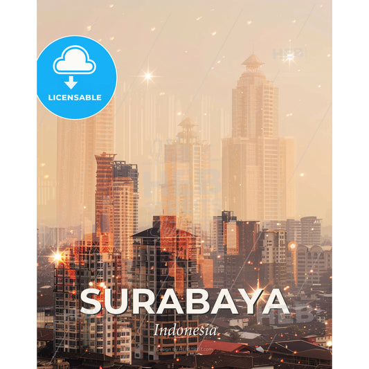 Surabaya Double Exposure Skyline Art Poster - A city with many tall buildings - Square format print template