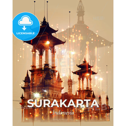 Surakarta Skyline Double Exposure Poster - A building with towers and lights - Square format print template
