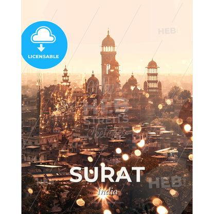Surat: Double Exposure City Skyline Poster Art - A city with many buildings and a tower - Square format print template