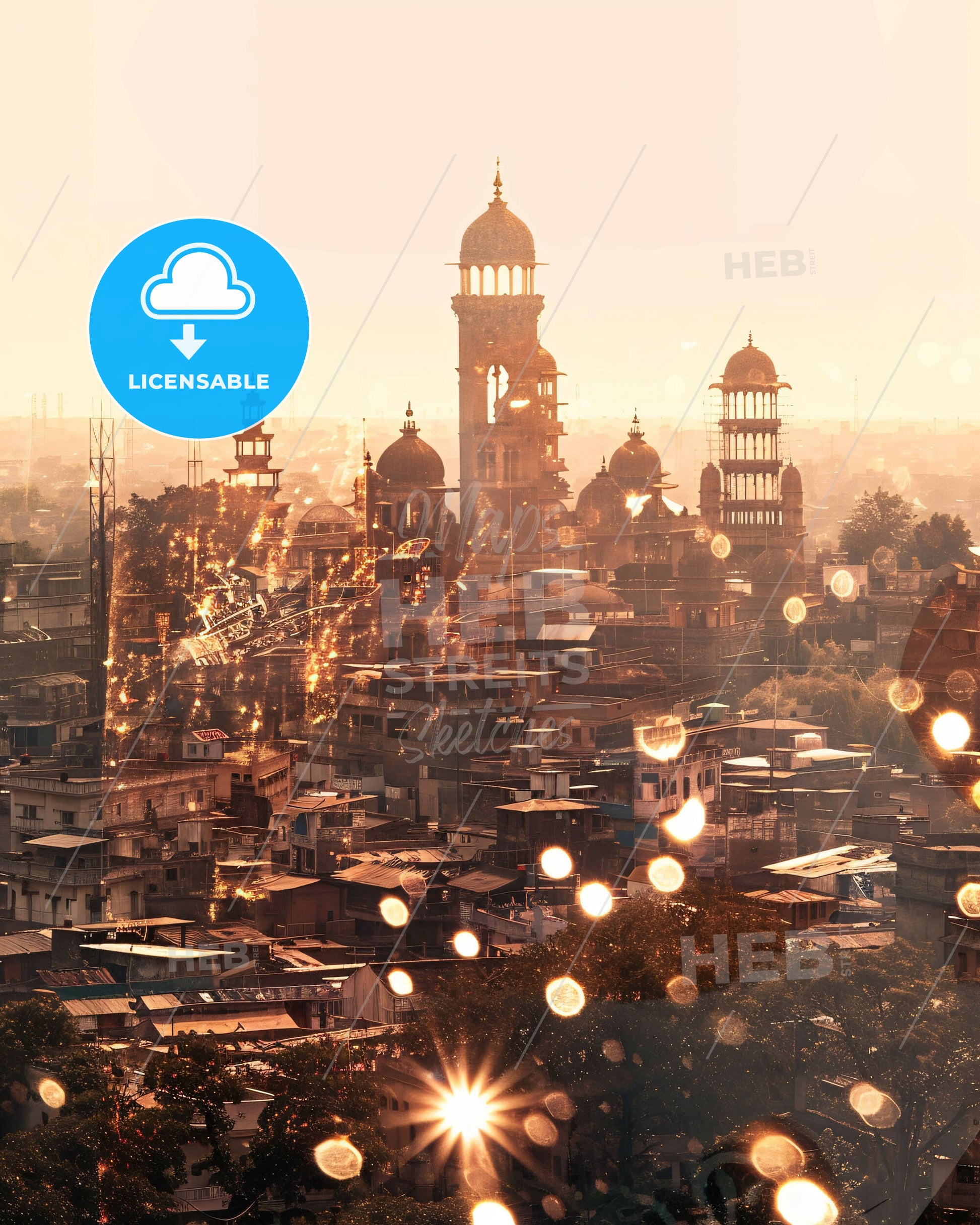 Surat: Double Exposure City Skyline Poster Art - A city with many buildings and a tower