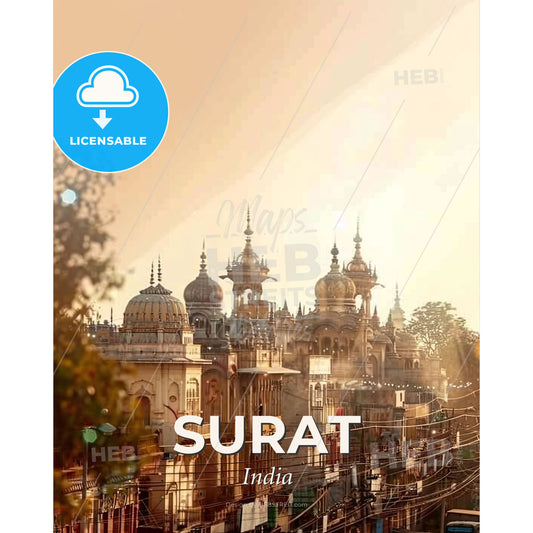 Surat Skyline Double Exposure Art Poster - A building with domes and a river - Square format print template