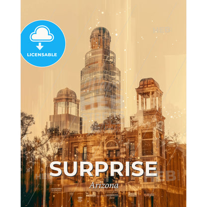 Surprise Arizona City Skyline Poster Art - A building with a tall tower - Square format print template