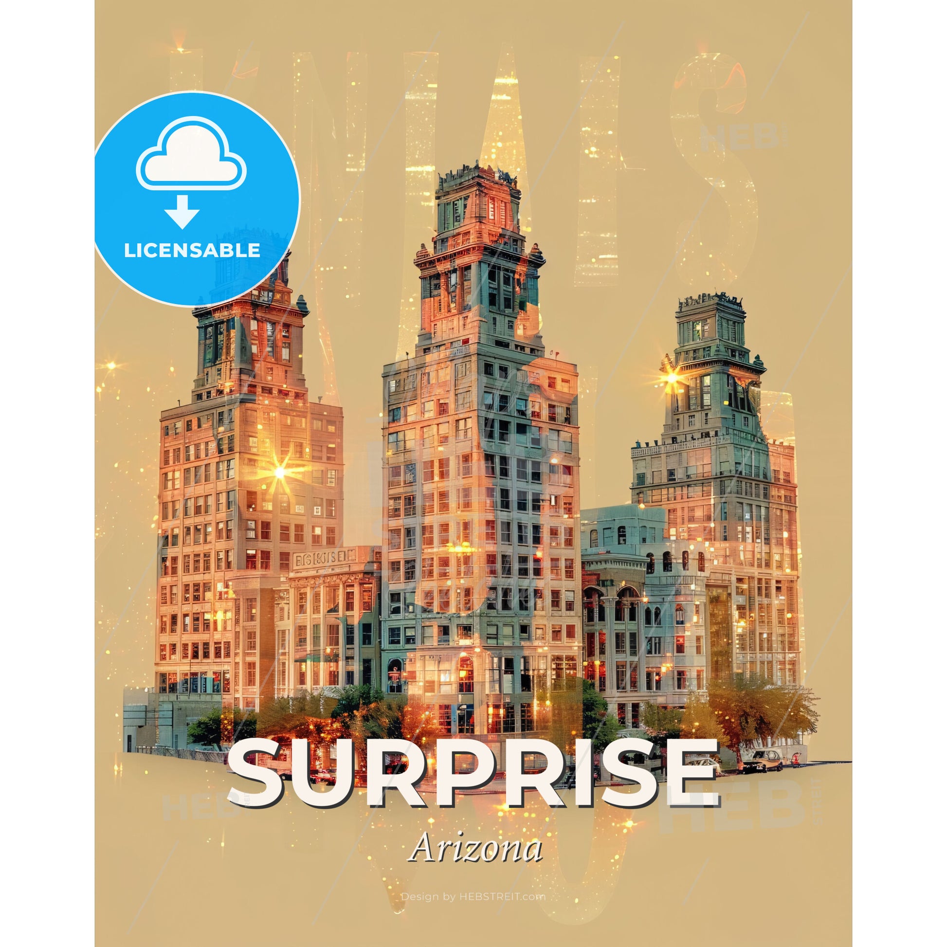 Surprise City Skyline Double Exposure Art Print - A group of buildings with lights - Square format print template