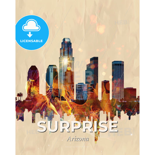 Surprise Skyline Art: Local Icons, Radiant Lights - A city skyline with many tall buildings - Square format print template