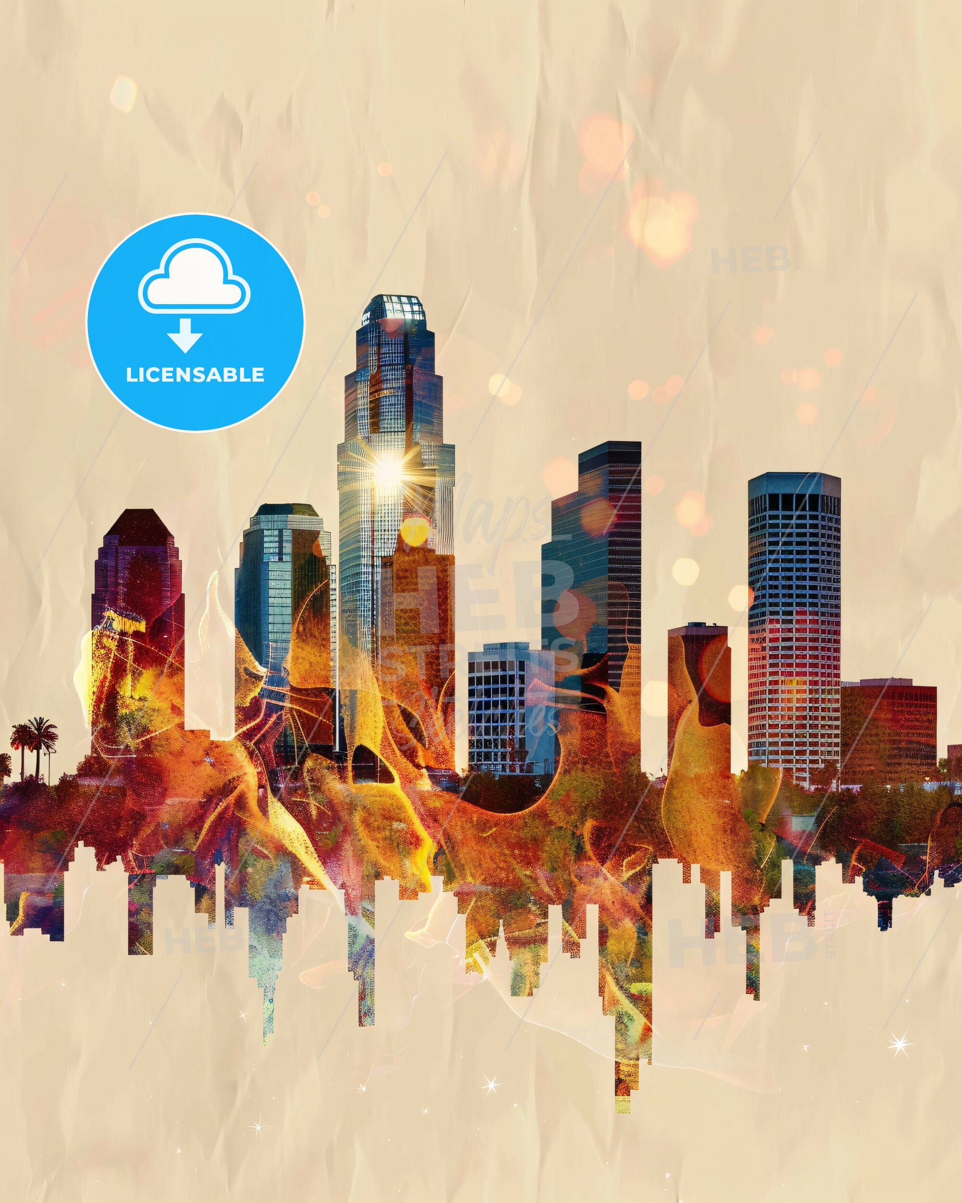 Surprise Skyline Art: Local Icons, Radiant Lights - A city skyline with many tall buildings