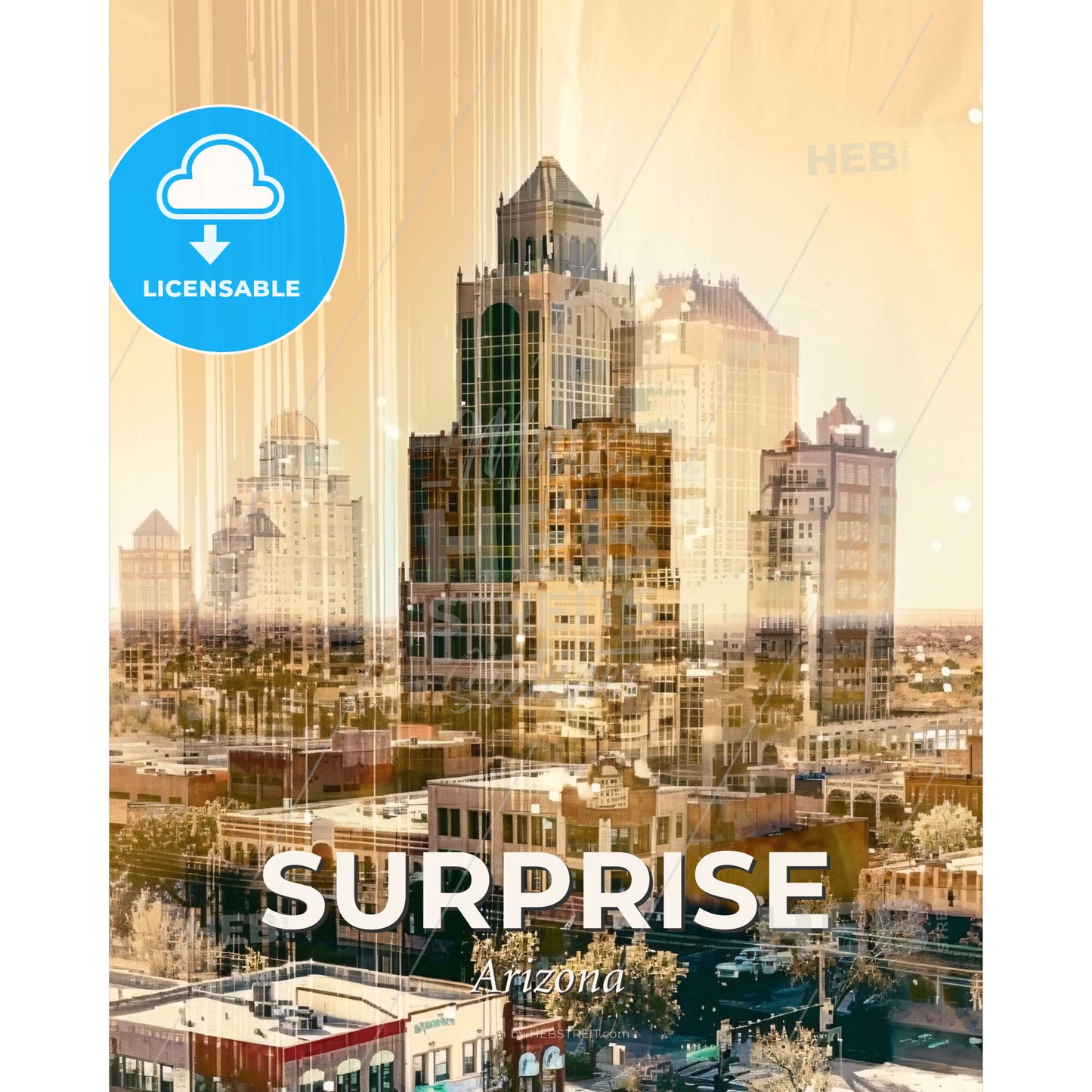 Surprise: Captivating City Skyline in Double Exposure - A city skyline with many tall buildings - Square format print template