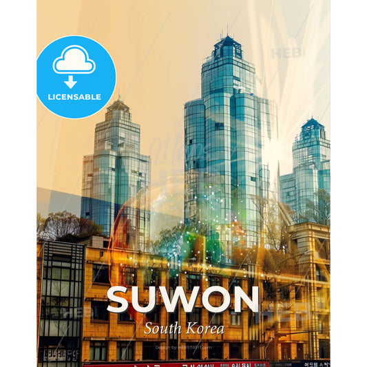 Suwon: Where Past and Present Collide - A group of tall buildings with sun rays - Square format print template