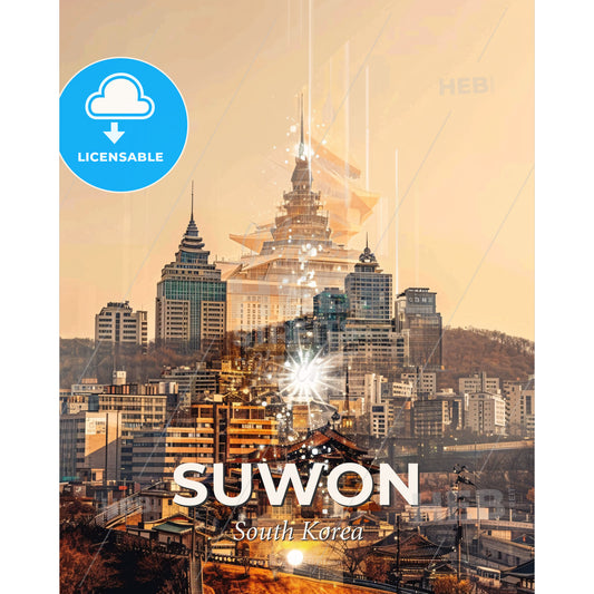 Suwon City Skyline Double Exposure Poster Art - A city with many tall buildings - Square format print template