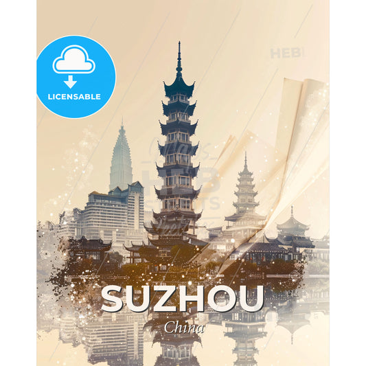 Suzhou Skyline Double Exposure Art Print - A city with a tall tower - Square format print template