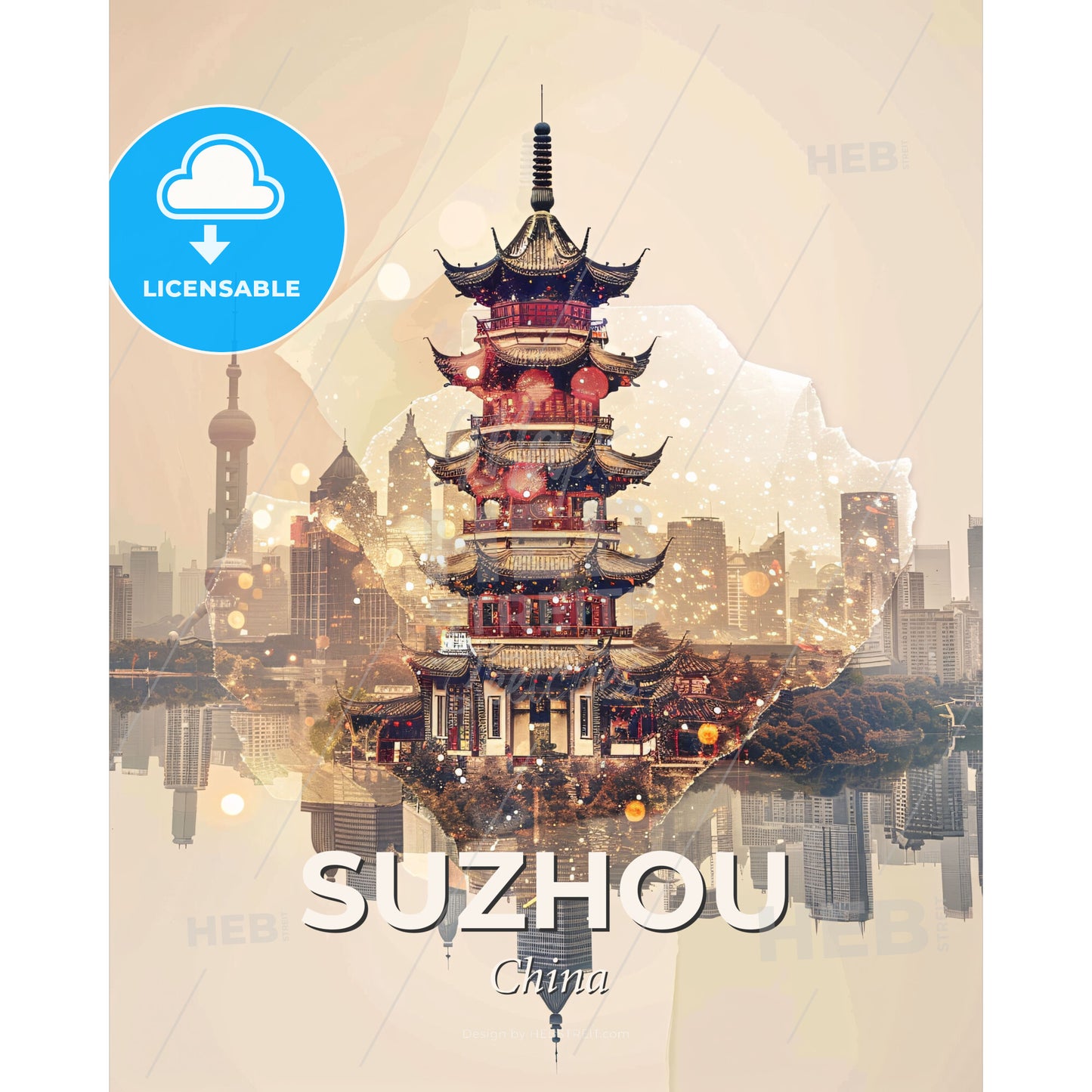 Suzhou City Skyline Double Exposure Art Print - A building with many windows and a city in the background - Square format print template