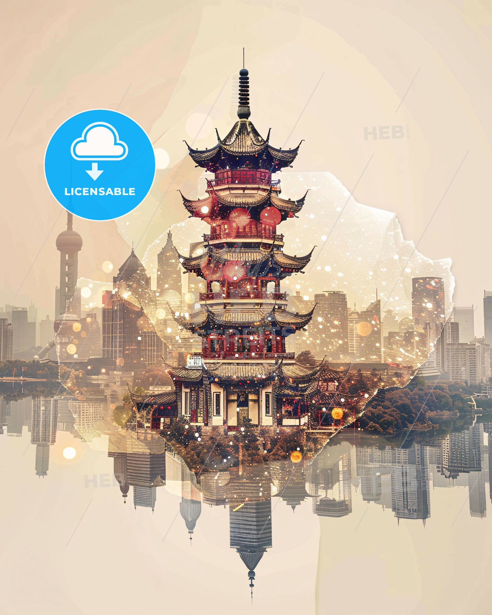 Suzhou City Skyline Double Exposure Art Print - A building with many windows and a city in the background