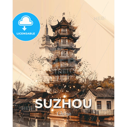 Suzhou Skyline Double Exposure Art Poster - A building with a tower - Square format print template