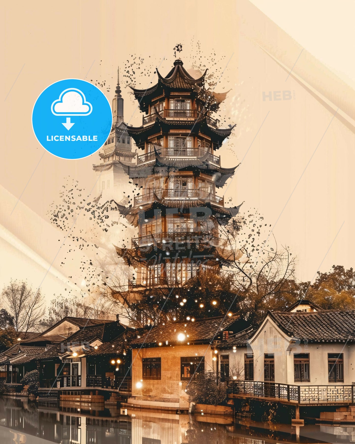 Suzhou Skyline Double Exposure Art Poster - A building with a tower