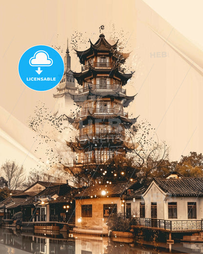 Suzhou Skyline Double Exposure Art Poster - A building with a tower