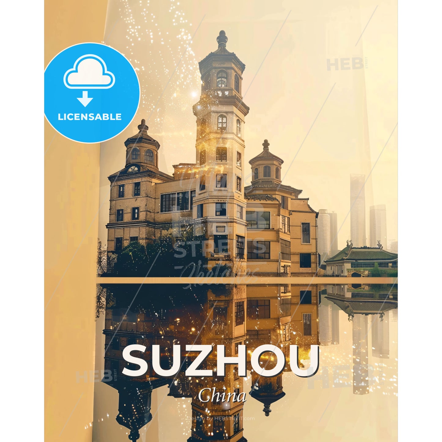 Suzhou Skyline Composite Art Poster with Local Charm - A building with a tower and a tower on the water - Square format print template