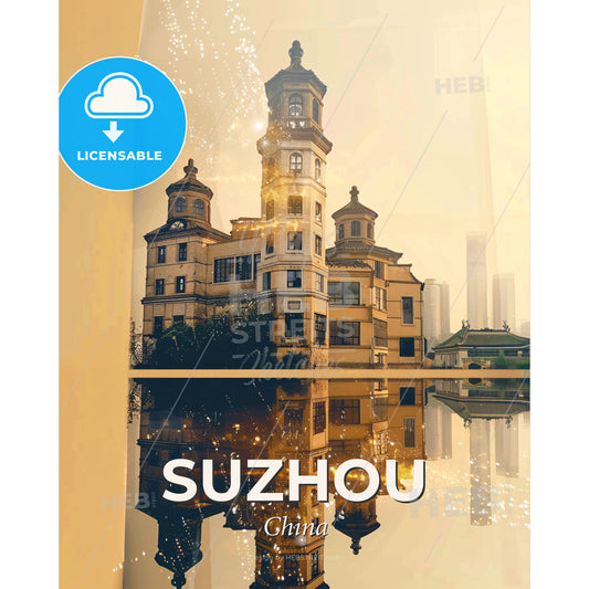 Suzhou Skyline Composite Art Poster with Local Charm - A building with a tower and a tower on the water - Square format print template