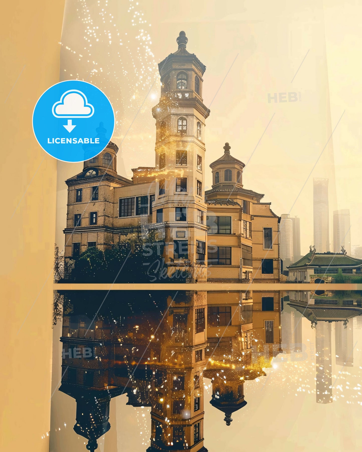 Suzhou Skyline Composite Art Poster with Local Charm - A building with a tower and a tower on the water