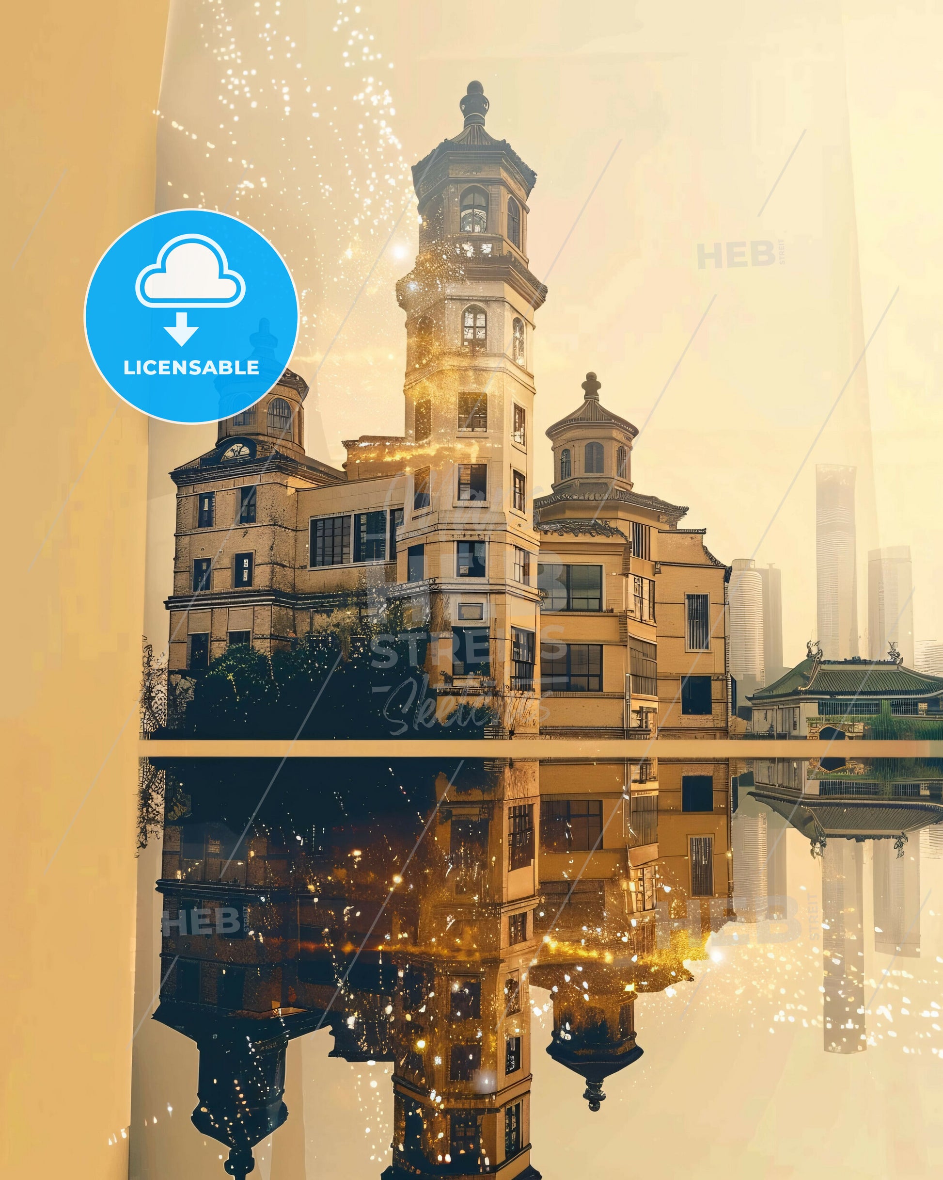 Suzhou Skyline Composite Art Poster with Local Charm - A building with a tower and a tower on the water