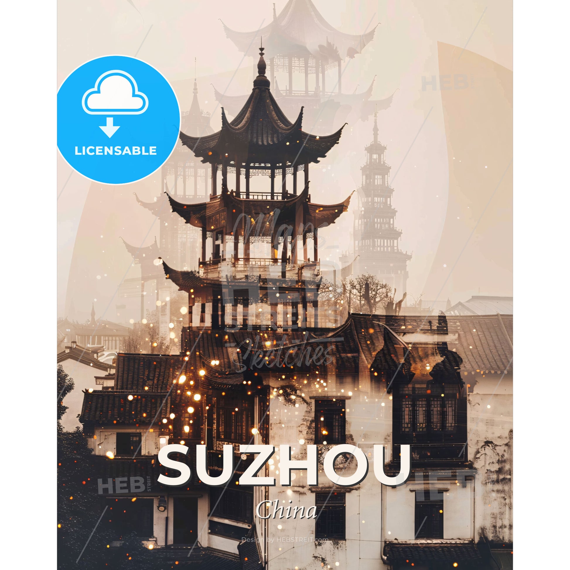 Suzhou Skyline Double Exposure Art Print - A building with a pagoda and a couple of buildings - Square format print template