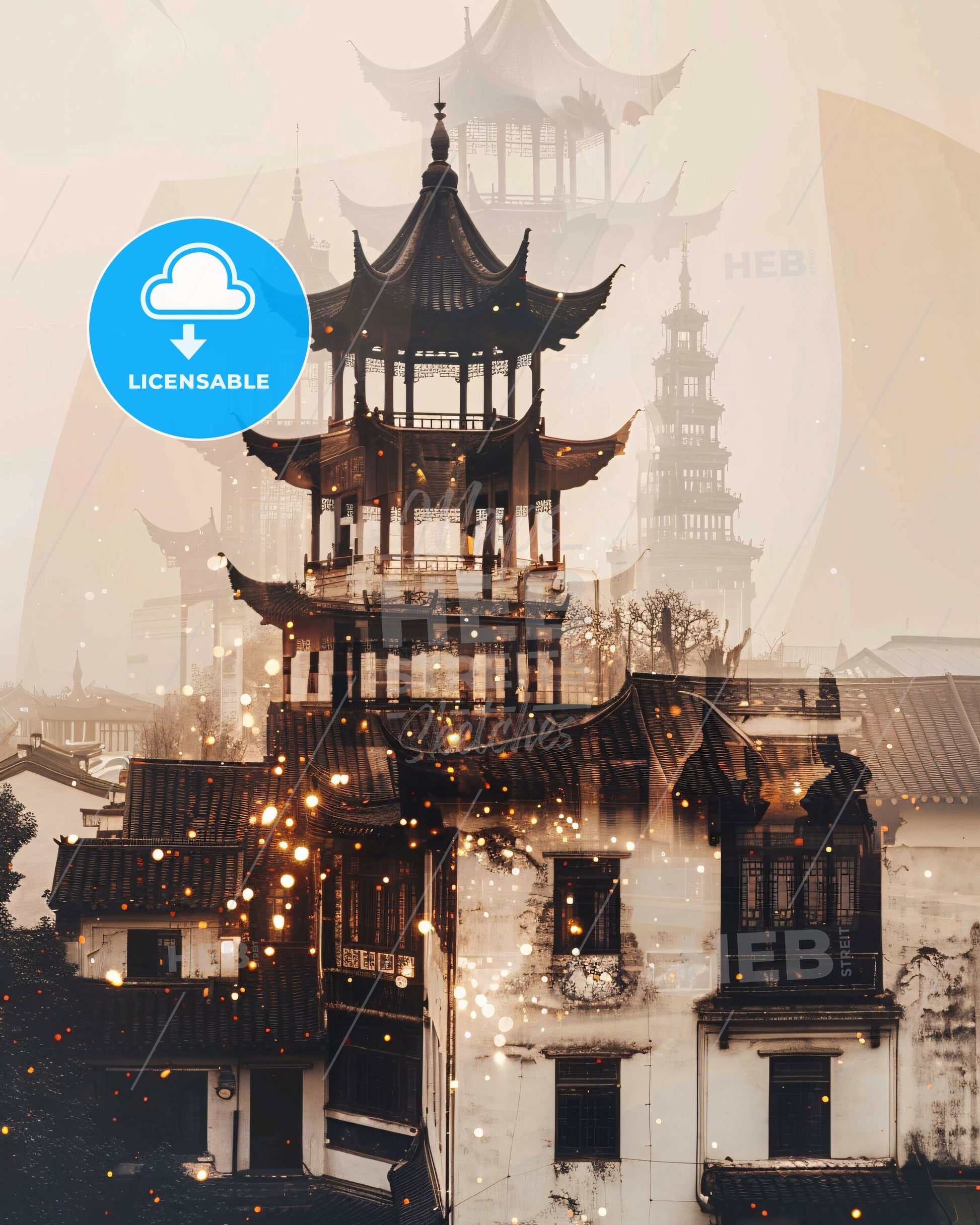 Suzhou Skyline Double Exposure Art Print - A building with a pagoda and a couple of buildings