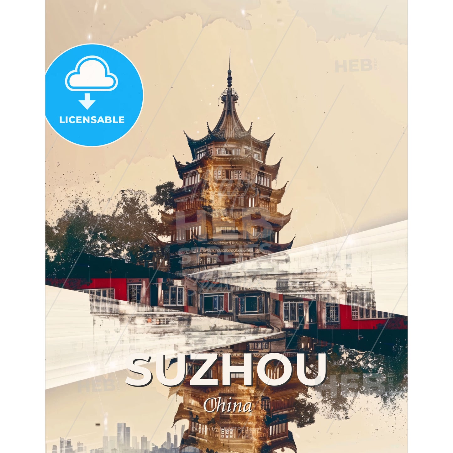 Suzhou City Skyline Vibrant Double Exposure - A building with a tower and trees - Square format print template