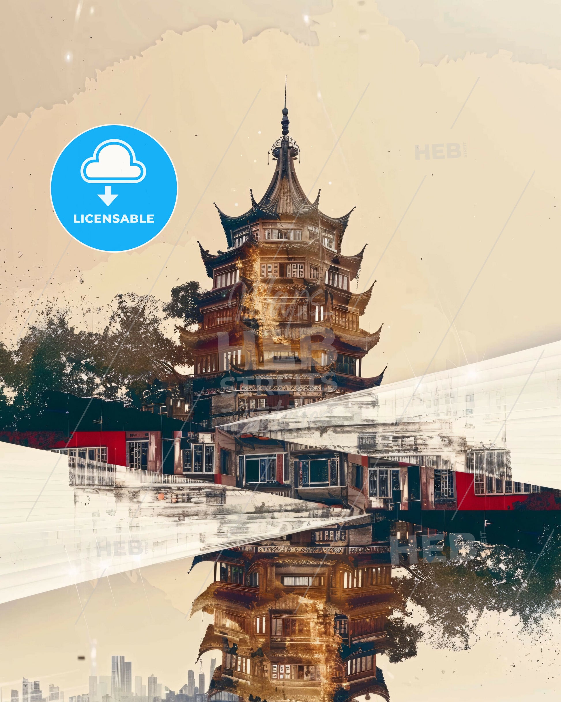 Suzhou City Skyline Vibrant Double Exposure - A building with a tower and trees