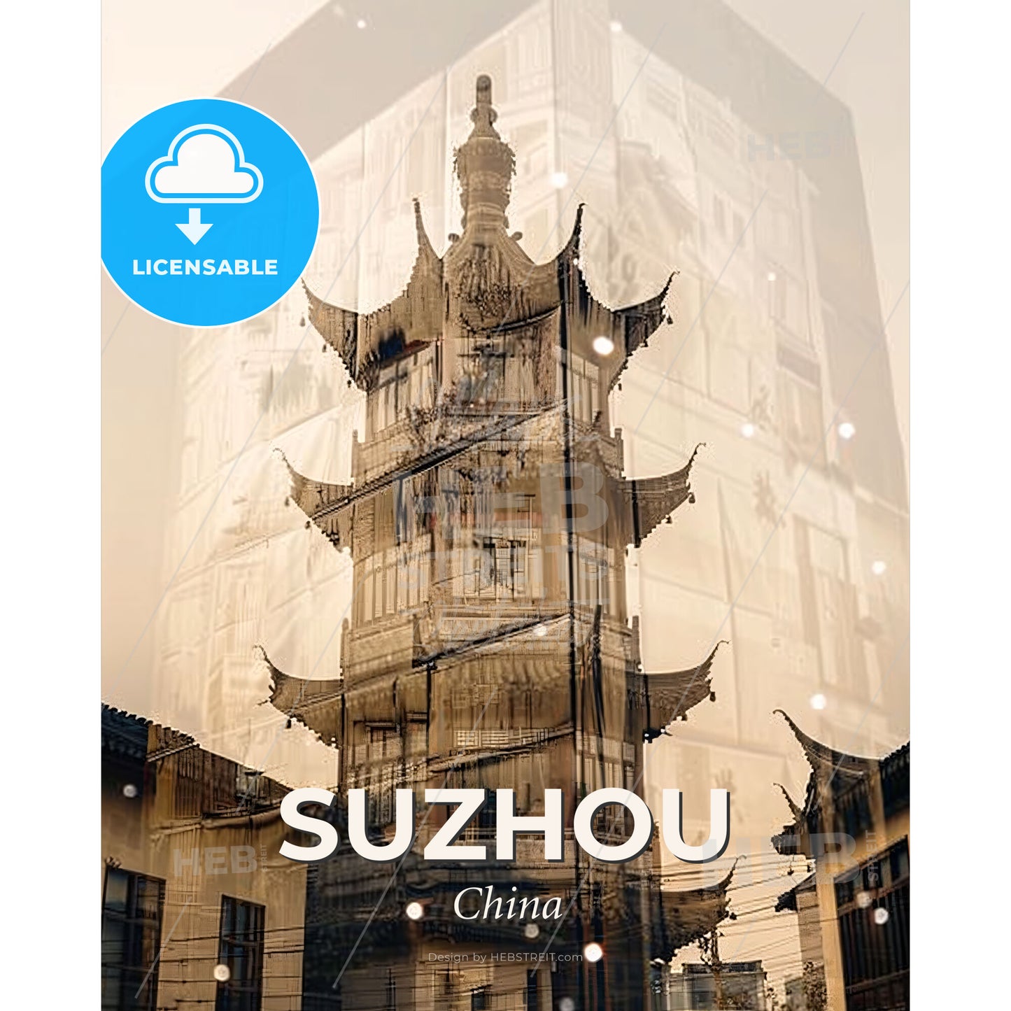 Suzhou Skyline Double Exposure Poster Art - A reflection of a building in a glass - Square format print template