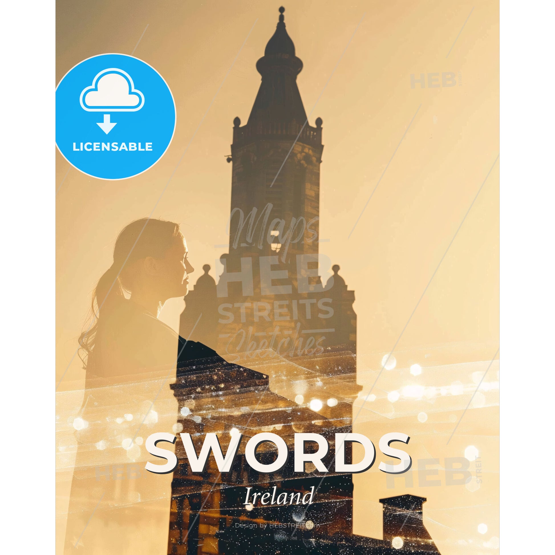 Swords City Skyline Silhouette Poster Art - A woman standing in front of a building - Square format print template