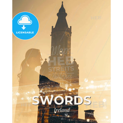Swords City Skyline Silhouette Poster Art - A woman standing in front of a building - Square format print template