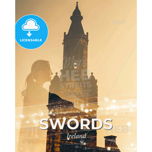 Swords City Skyline Silhouette Poster Art - A woman standing in front of a building - Square format print template