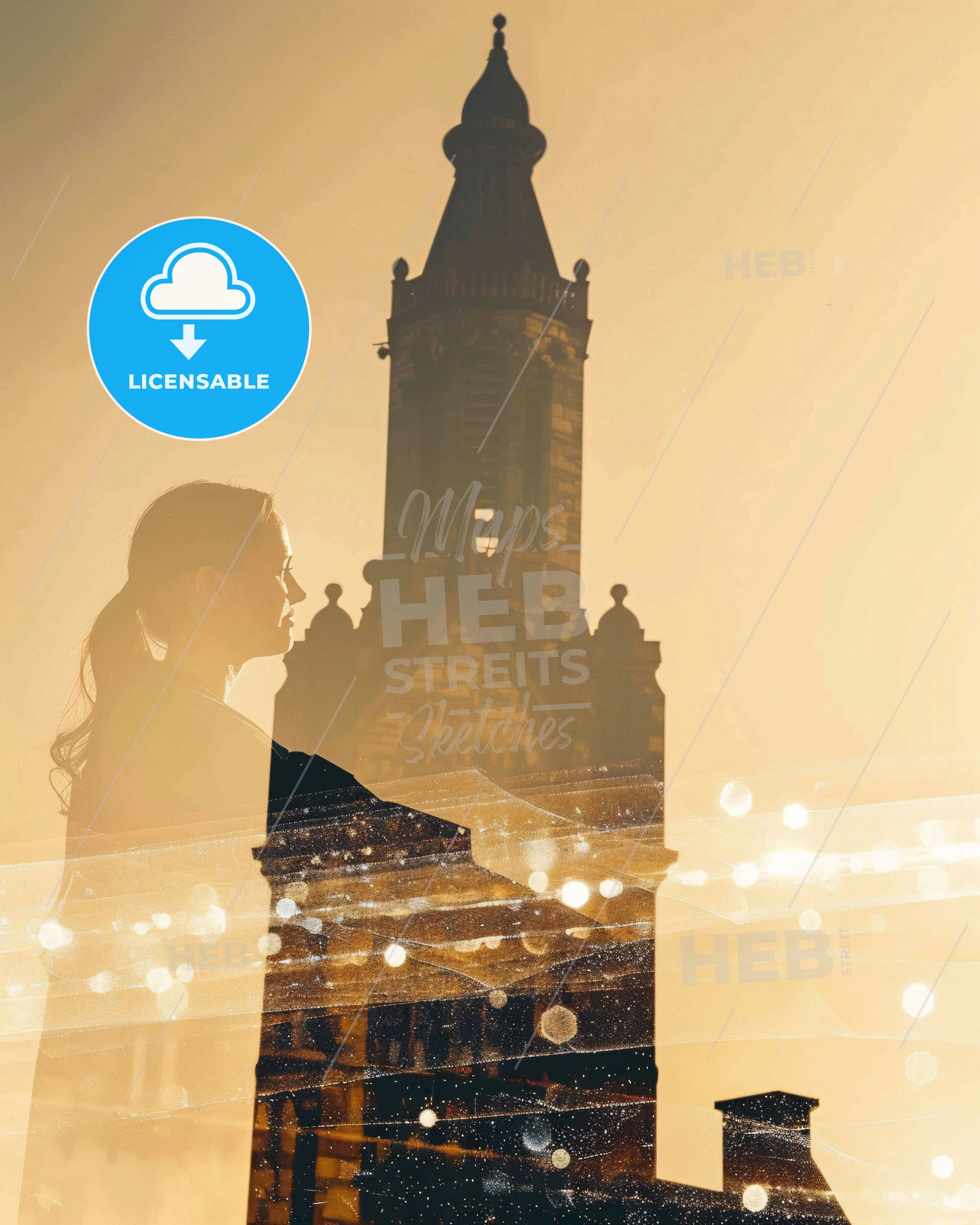 Swords City Skyline Silhouette Poster Art - A woman standing in front of a building