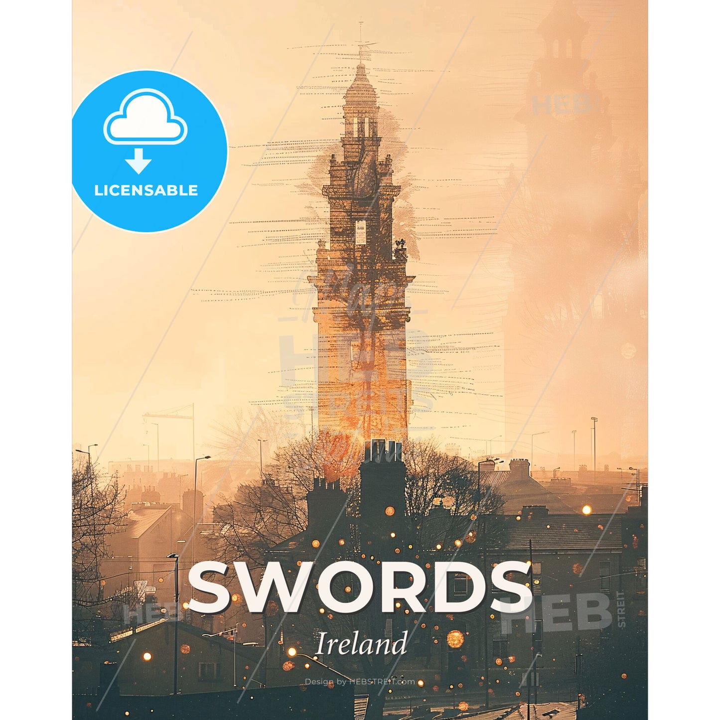 Swords Skyline Ireland Poster Art Silhouette - A tall tower in a city - Square format print template