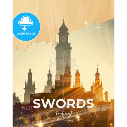 Swords Skyline Double Exposure Silhouette Poster - A city skyline with a clock tower - Square format print template
