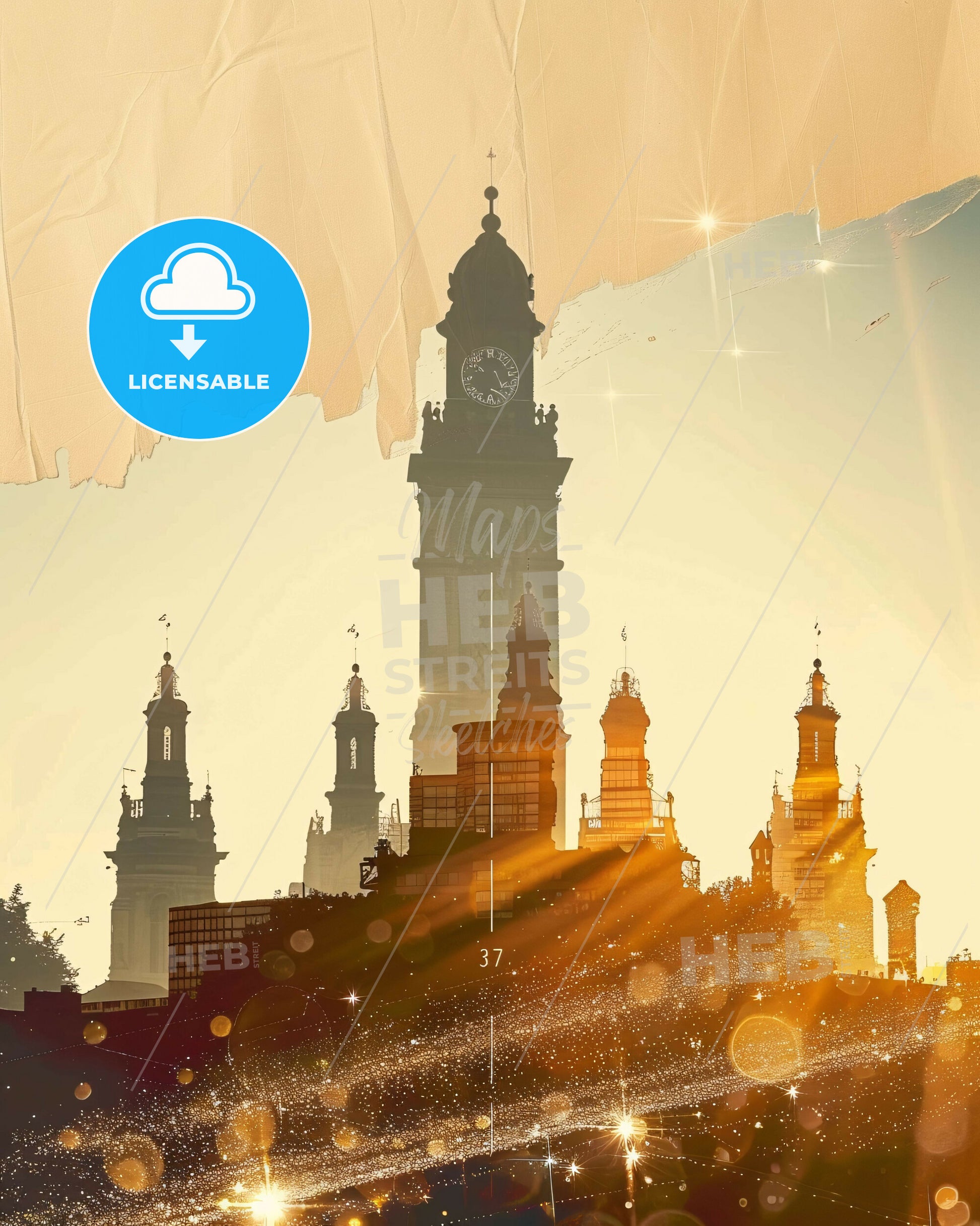 Swords Skyline Double Exposure Silhouette Poster - A city skyline with a clock tower