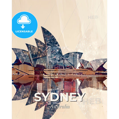Sydney Skyline, Bright Double Exposure Art Poster - A building with a reflection of a city - Square format print template