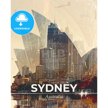 Sydney Skyline Double Exposure Art Print - A city skyline with many tall buildings - Square format print template