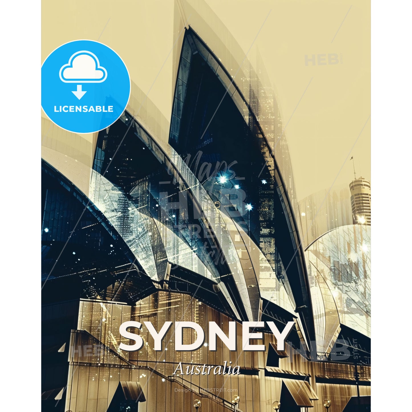 Sydney Skyline Art: Double Exposure, City Icons, Beige, Backlights, Sparkles - A building with a triangular roof - Square format print template
