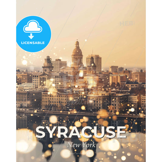 Syracuse Skyline Double Exposure Poster Art - A city with many buildings and a body of water - Square format print template