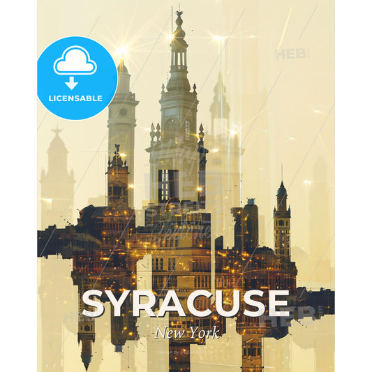 Syracuse Skyline Poster: Beige Paper With Sparkles - A city skyline with towers and towers - Square format print template