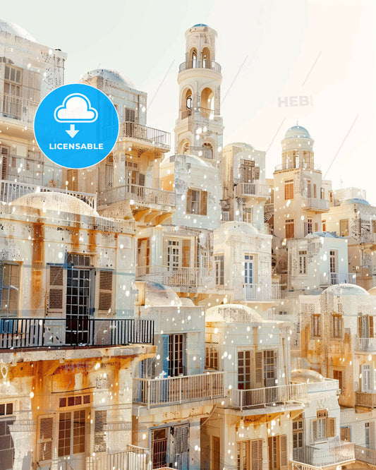 Syros Skyline Double Exposure Art Poster - A group of buildings with balconies