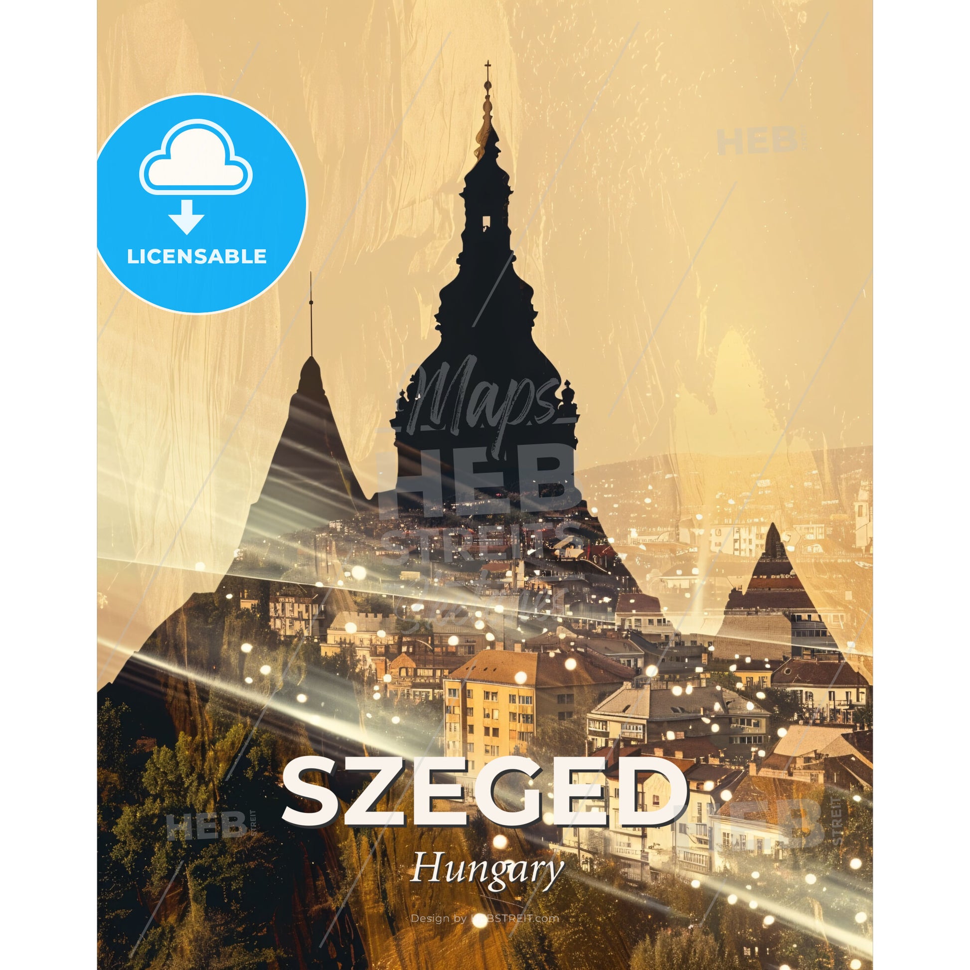 Szeged City Composite Skyline Silhouette Art Poster - A city with a steeple and a mountain - Square format print template