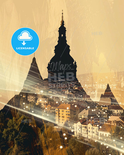 Szeged City Composite Skyline Silhouette Art Poster - A city with a steeple and a mountain