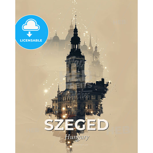 Szeged Skyline Composite Art with Beige Paper Background and Sparkles - A building with a tower and a tower - Square format print template